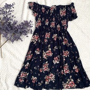 Off the Shoulder Navy Blue Floral Dress